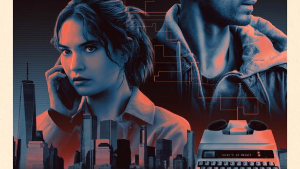 Das Filmplakat für „The Negotiator“ mit Riz Ahmed, Lily James und Sam Worthington vor einer Skyline.