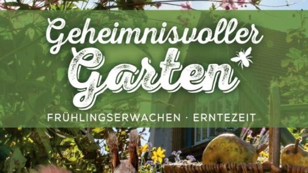 Ein Eichhörnchen frisst in einem Garten, im Hintergrund der Schriftzug „Geheimnisvoller Garten“.