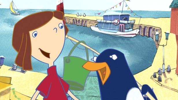 Illustration von Jasper dem Pinguin mit einem Mädchen an einem Hafen.