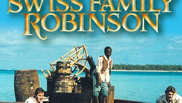 Das Filmplakat für „Die Abenteuer der Schweizer Familie Robinson“ zeigt die Familie auf einem Floß im Meer.