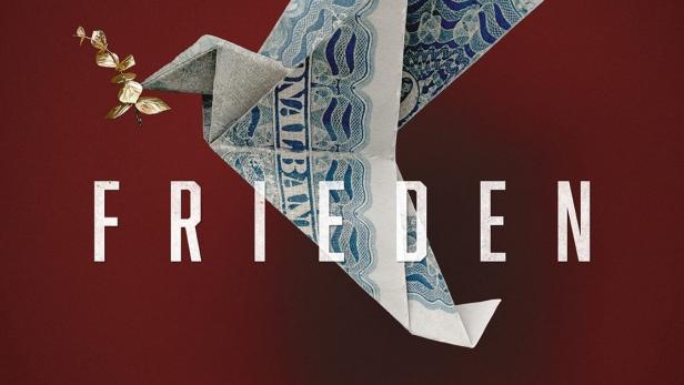 Ein Origami-Friedenstaube hält einen goldenen Zweig vor einem roten Hintergrund.