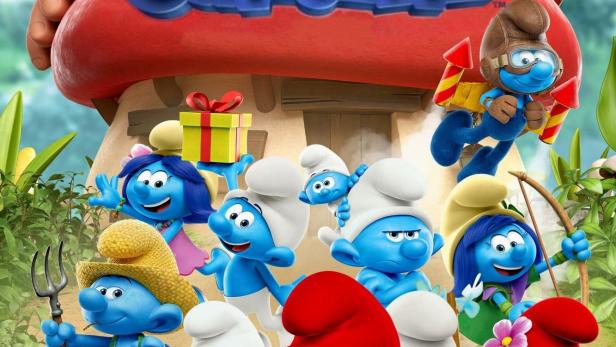 Eine Gruppe Schlümpfe steht vor einem roten Pilzhaus, beobachtet von Gargamel und Azrael.