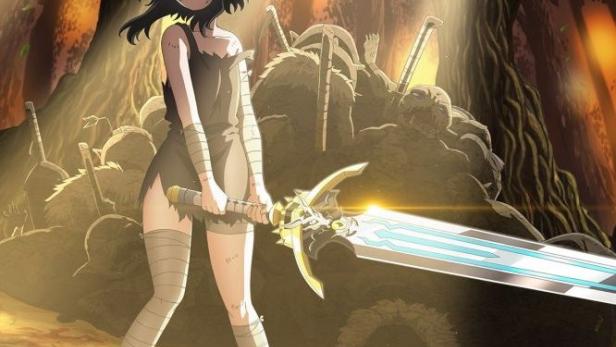 Ein junges Mädchen mit Katzenohren hält ein leuchtendes Schwert in einem Wald.