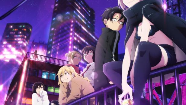 Das Anime-Poster für „Call of the Night“ zeigt eine Gruppe von Charakteren vor einer nächtlichen Stadtkulisse.