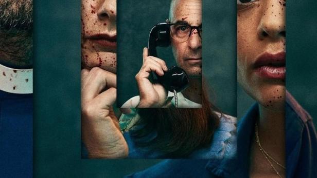 Das Poster für „Inside Man“ zeigt vier Personen, deren Gesichter teilweise mit Blutspritzern bedeckt sind.