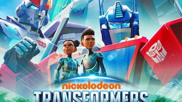 Das Poster für „Transformers: EarthSpark“ zeigt Roboter, zwei Kinder, ein gelbes Auto und ein Motorrad.