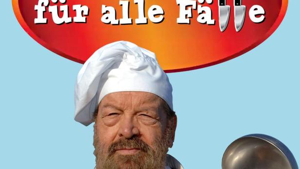Bud Spencer als Koch mit Kochmütze und Schöpfkelle auf dem Cover von „Ein Koch für alle Fälle“.
