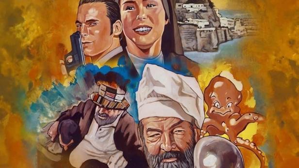 Das Filmplakat für „Ein Koch für alle Fälle“ zeigt einen Koch, eine Nonne und einen Mann mit einer Pistole.