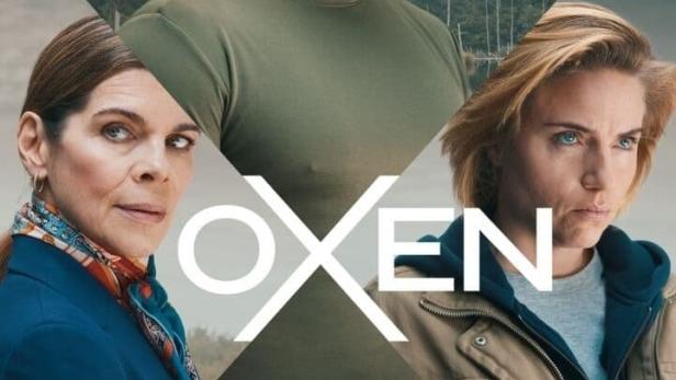 Das Poster für die Fernsehserie „Oxen“ zeigt drei ernste Charaktere vor einer Waldlandschaft.