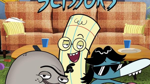 Szene mit den Cartoonfiguren Stein, Papier und Schere vor einem Sofa.