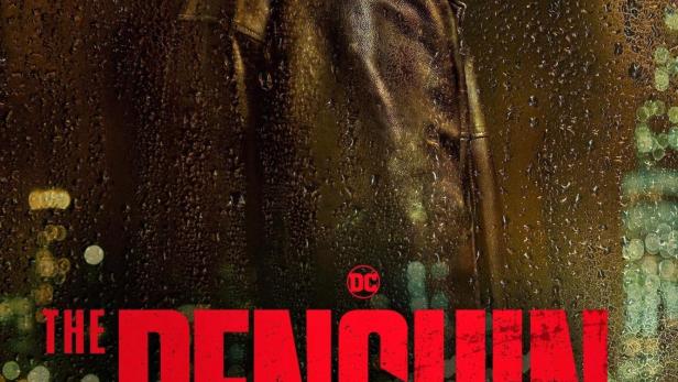 Ein Poster für die Serie „The Penguin“ zeigt Oswald Cobblepot im Regen.