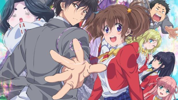 Ein Anime-Poster mit einer Gruppe von Highschool-Schülern vor einer Fantasielandschaft.