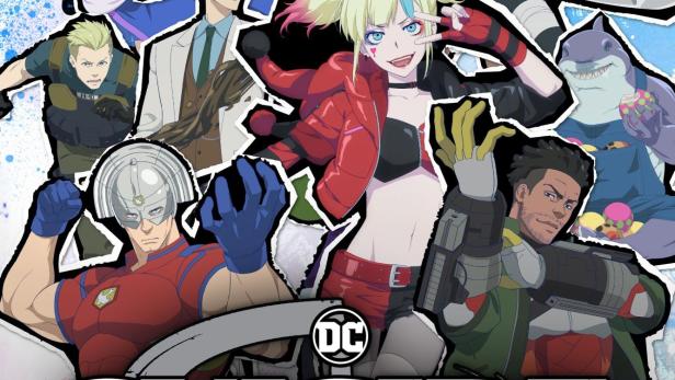 Ein Anime-Poster für „Suicide Squad Isekai“ mit Harley Quinn, Joker, Peacemaker und anderen Charakteren.