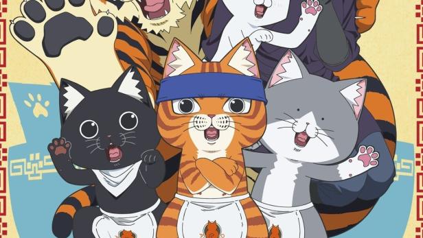 Ein Anime-Poster mit einer Frau, einem Tiger und mehreren Katzen, die Ramen zubereiten.