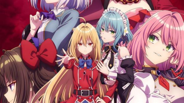 Ein Gruppenbild der Charaktere aus der Anime-Serie „Hikikomari the Vampire Countess no Monmon“.