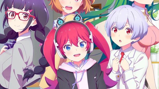 Eine Gruppe von Anime-Mädchen posiert vor dem Logo von „Love Flops“.