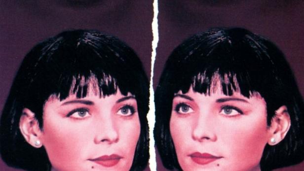 Das Filmplakat für „Double Vision“ zeigt das Gesicht einer Frau, das durch einen Riss in zwei Hälften geteilt ist.