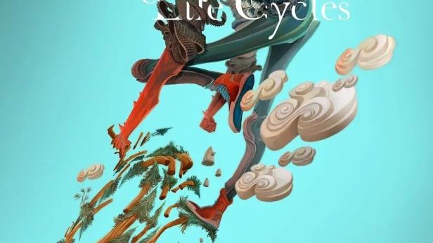 Das Kunstwerk zeigt einen stilisierten Mountainbiker vor einem hellblauen Hintergrund mit dem Titel „Life Cycles“.