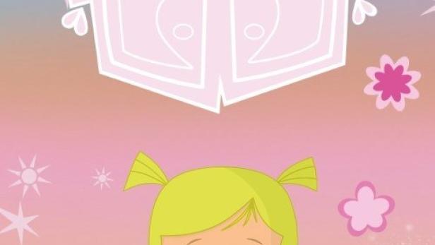 Eine Cartoon-Darstellung von „Zoés Zauberschrank“ mit einem kleinen Mädchen, das eine Ente hält.