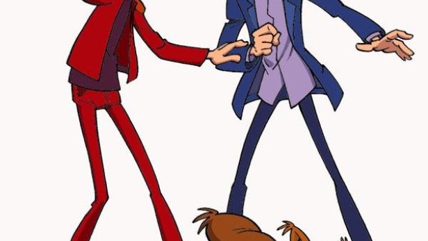 Die Comicfiguren Spirou und Fantasio stehen mit einem Eichhörnchen vor einem roten Hintergrund.