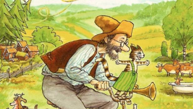 Pettersson fährt mit Findus auf dem Fahrrad durch eine ländliche Szene.