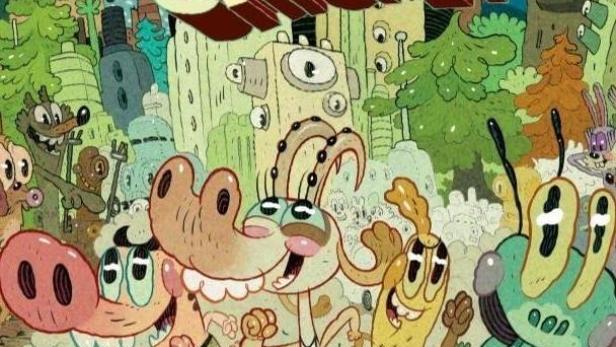 Das animierte Nickelodeon-Logo für „Pig Goat Banana Cricket“ mit den vier Hauptfiguren.
