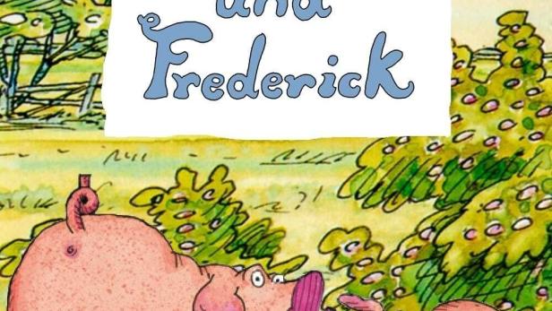 Das Cover des ersten Buches von „Piggledy und Frederick“ zeigt zwei Schweine in einer Landschaft.