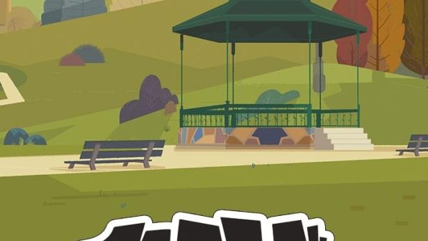 Eine stilisierte Darstellung eines Parks mit einem Pavillon und dem Schriftzug „Max & Maestro“.