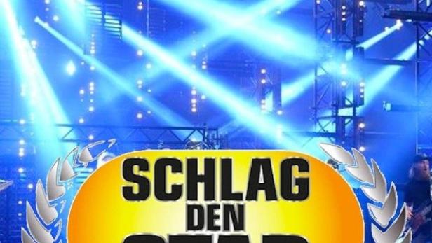 Das Logo der Fernsehsendung „Schlag den Star“ vor einer blauen Bühne mit Lichteffekten.