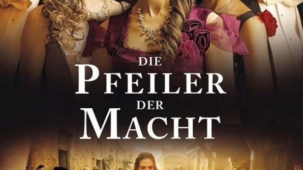 Das Filmplakat für „Die Pfeiler der Macht“ zeigt eine Frau, die ein Kind trägt, und weitere Darsteller im Hintergrund.