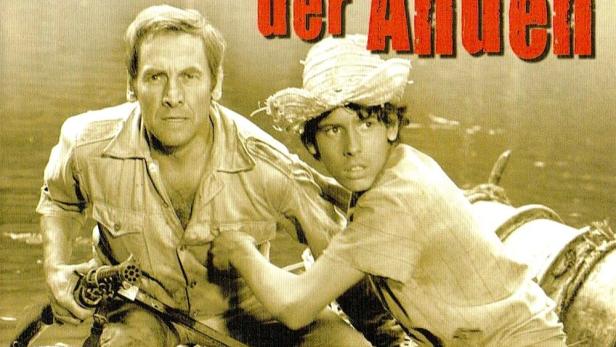 Ein Mann und ein Junge auf einem Floß im Wasser, Titelbild des DDR-Krimis „Das Geheimnis der Anden“.