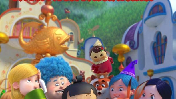 Das Filmplakat für „Pinocchio in der verzauberten Villa“ zeigt Pinocchio und seine Freunde vor einer Fantasielandschaft.