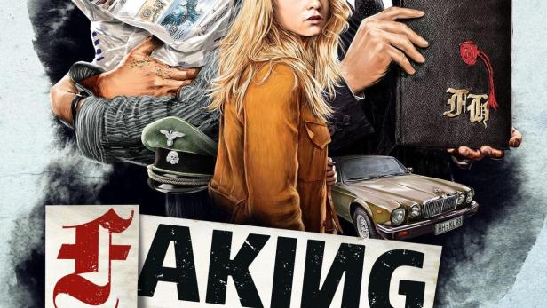 Das Filmplakat zu „Faking Hitler“ zeigt drei Personen, Geld, eine Auto und eine Hitler-Tagebuch.
