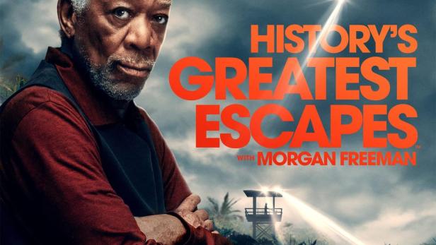Das Filmplakat für „History's Greatest Escapes“ mit Morgan Freeman zeigt einen Hubschrauber über einem Dschungel.