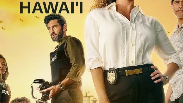 Das Ensemble der Fernsehserie „Navy CIS: Hawaiʻi“ vor einem Sonnenuntergang.