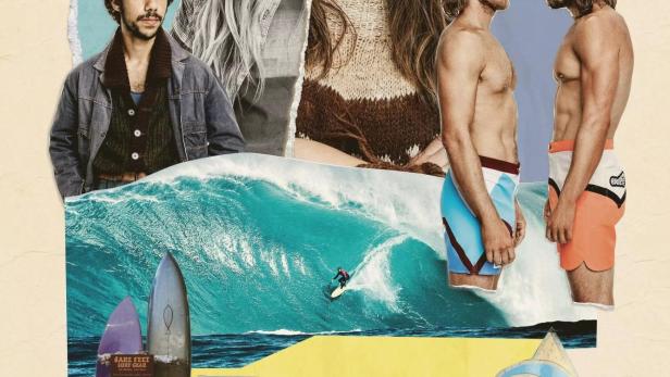 Eine Collage mit Surfern, Surfbrettern, einem Auto und dem Schriftzug „Barons“.