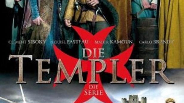 Das Cover der Serie „Die Templer“ zeigt die Hauptdarsteller vor einer Burgruine.