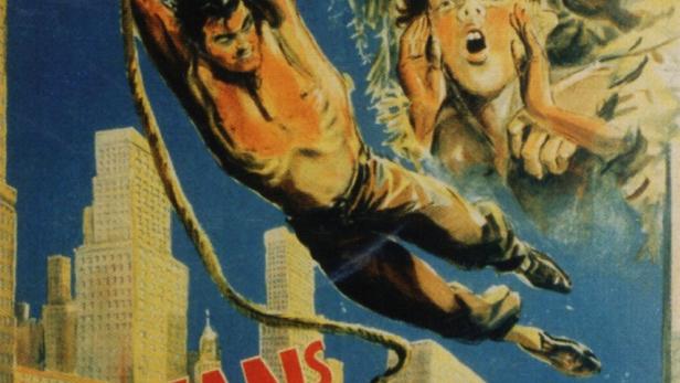 Das Filmplakat für „Tarzans Abenteuer in New York“ mit Johnny Weissmuller, Maureen O'Sullivan und Johnny Sheffield.