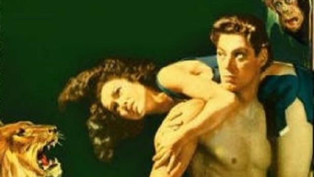 Das Filmplakat für „Tarzans Triumph“ mit Johnny Weissmüller als Tarzan, Jane, einem Löwen und einem Affen.