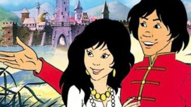 Das Cover des Zeichentrickfilms „Jonas und der verwunschene Schatz“ mit zwei jungen Protagonisten vor einem Schloss.