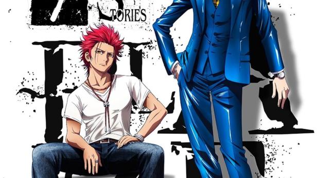 Zwei Anime-Charaktere posieren vor einem Hintergrund mit dem Schriftzug „KRB 7 Stories“.