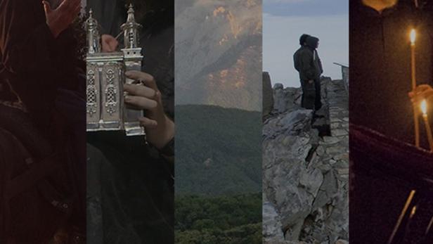 Eine Collage mit Mönchen und Landschaft auf dem Berg Athos.