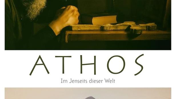 Das Cover des Films „Athos“ zeigt einen Mönch und eine Landschaft am Berg Athos.
