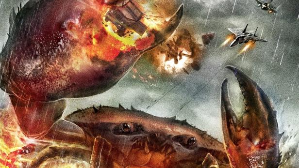 Das Filmplakat für „Queen Crab“ zeigt eine riesige Krabbe, die von Soldaten und Kampfflugzeugen angegriffen wird.