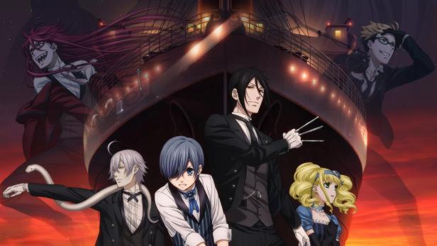 Das Anime-Poster für „Black Butler: Book of the Atlantic“ zeigt die Hauptfiguren vor einem Schiff.