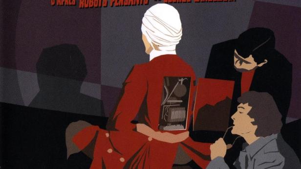 Das Filmplakat für „Le Collectionneur de cerveaux“ zeigt drei Männer, von denen einer eine mechanische Vorrichtung im Rücken hat.