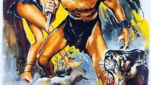 Auf dem Filmplakat zu „Tarzan bricht die Ketten“ bedroht ein Tiger Tarzan und eine Frau.