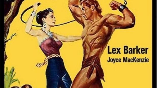 Das Filmplakat für „Tarzan bricht die Ketten“ zeigt Tarzan und eine Frau mit einer Peitsche.