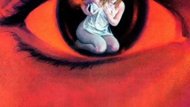 Das Filmplakat für „Der Zeuge hinter der Wand“ zeigt eine verängstigte Frau im Auge eines Mannes.