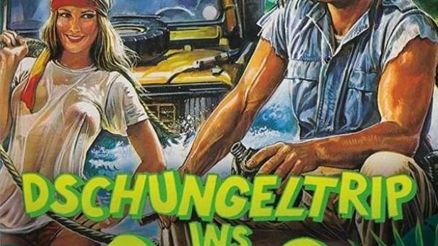 Das Cover des Films „Dschungeltrip ins Chaos“ zeigt zwei Personen und einen Papagei vor einem Dschungel-Jeep.